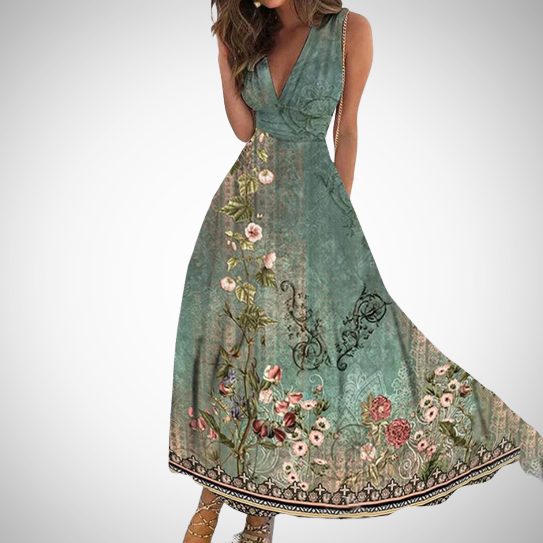 Women's Floral Maxi Dress | V-Neck Sleeveless