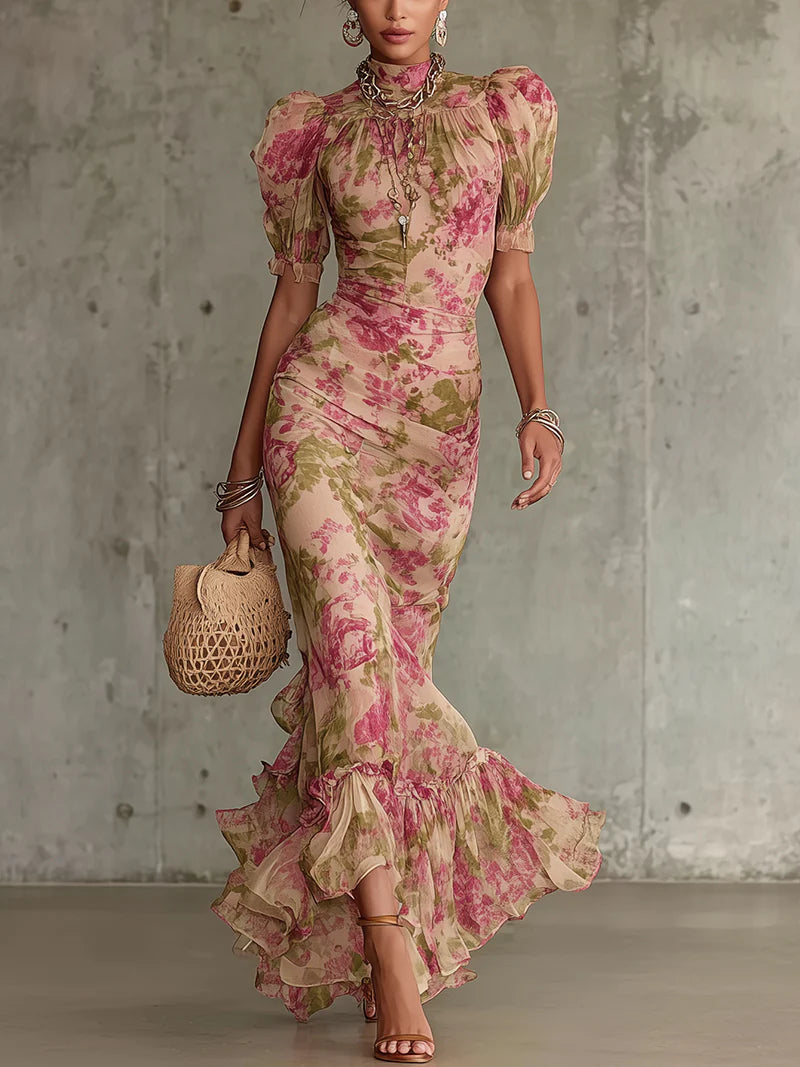Ellen | Women's Floral Maxi Dress | High Neck Puff Sleeve