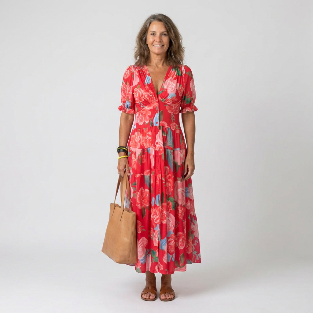 Ellen | Women's Floral Midi Dress | V-Neck Short Sleeve