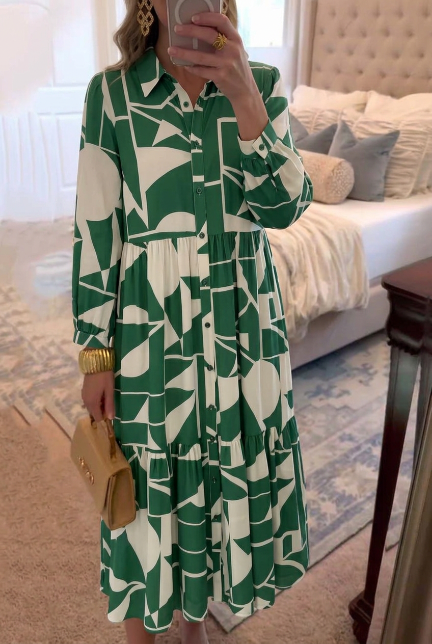 Ellen | Women's Printed Shirt Dress | Long Sleeve Button-Front Midi Dress