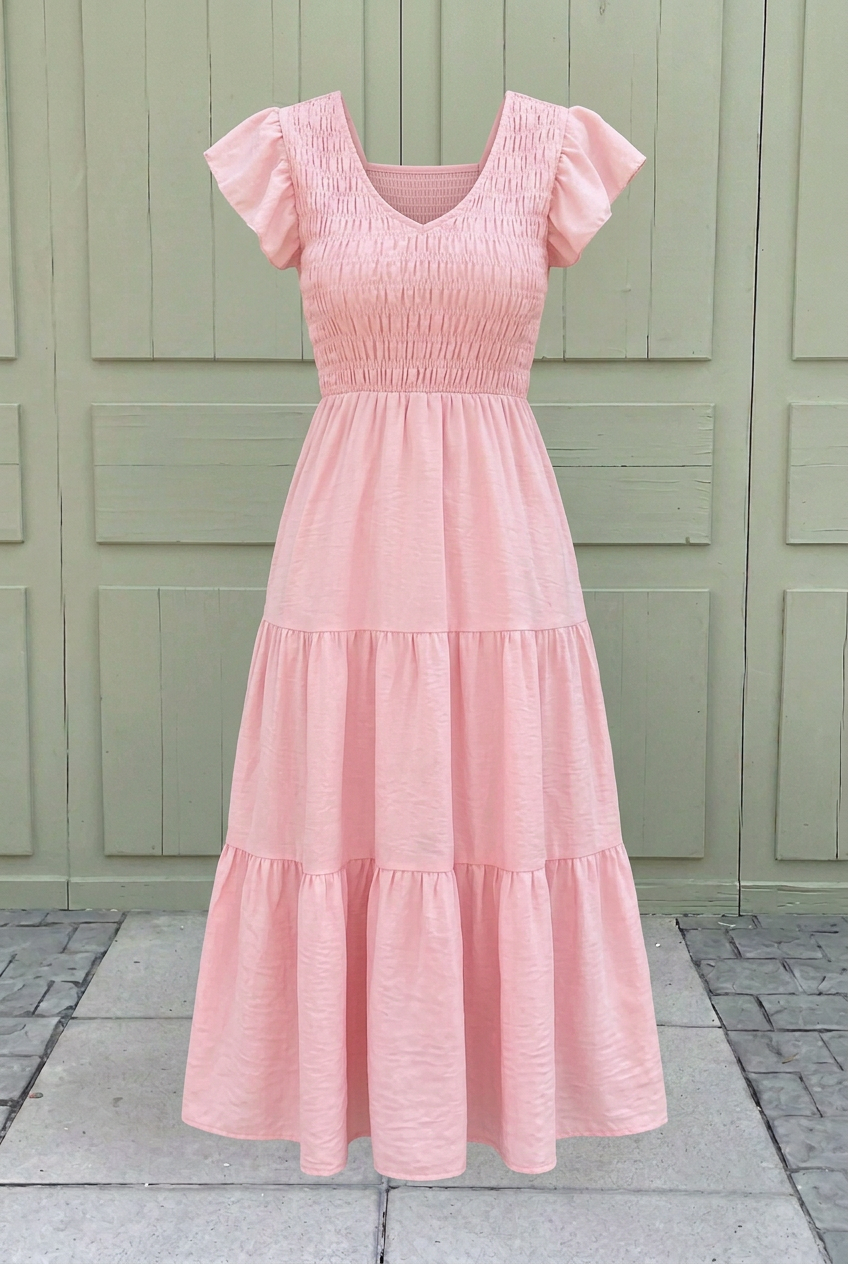 Ellen | Women's Summer Midi Dress | Smocked V-Neck Tiered