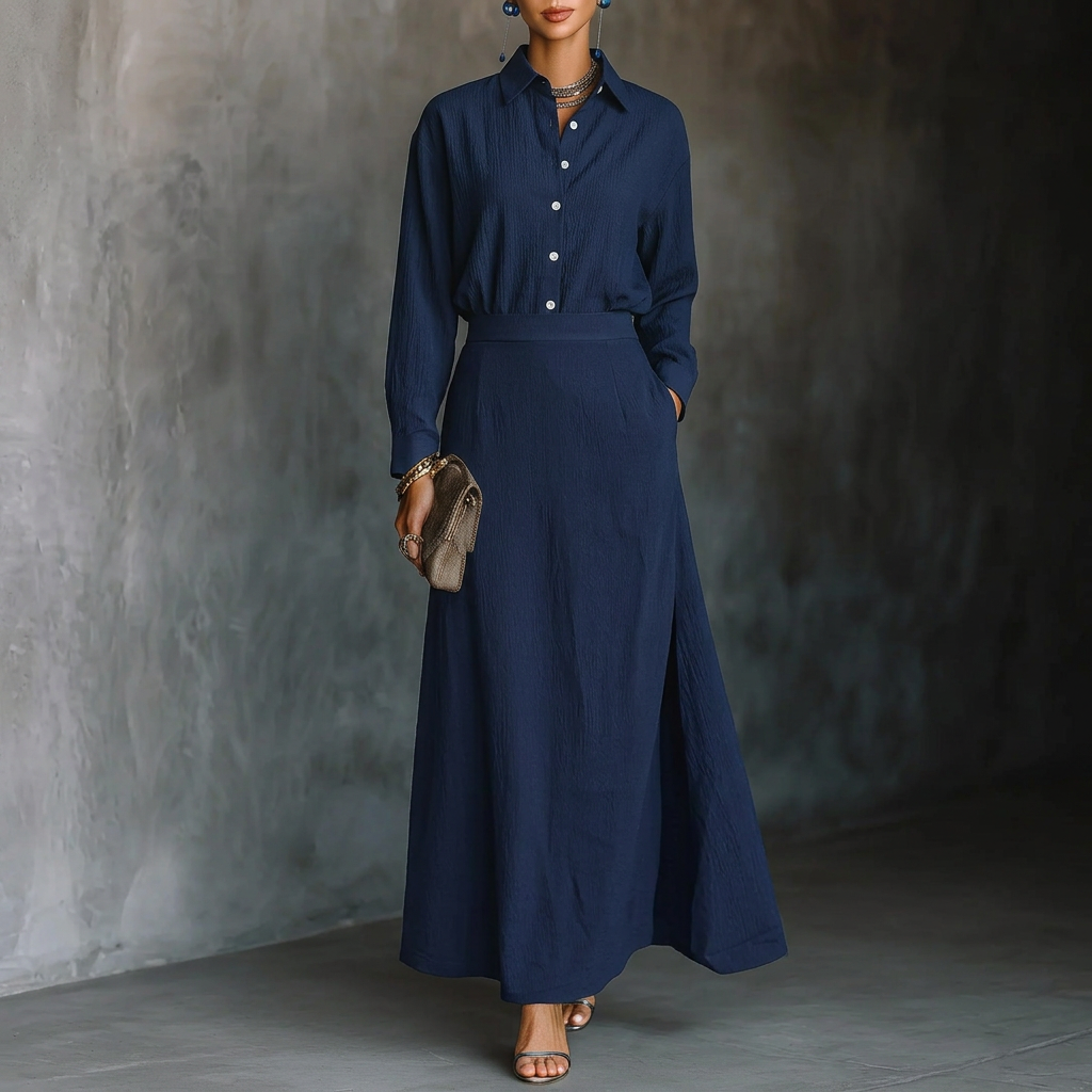 Ellen | Women's Two-Piece Button-Up Shirt & High-Waisted Maxi Skirt Set with Front Slit