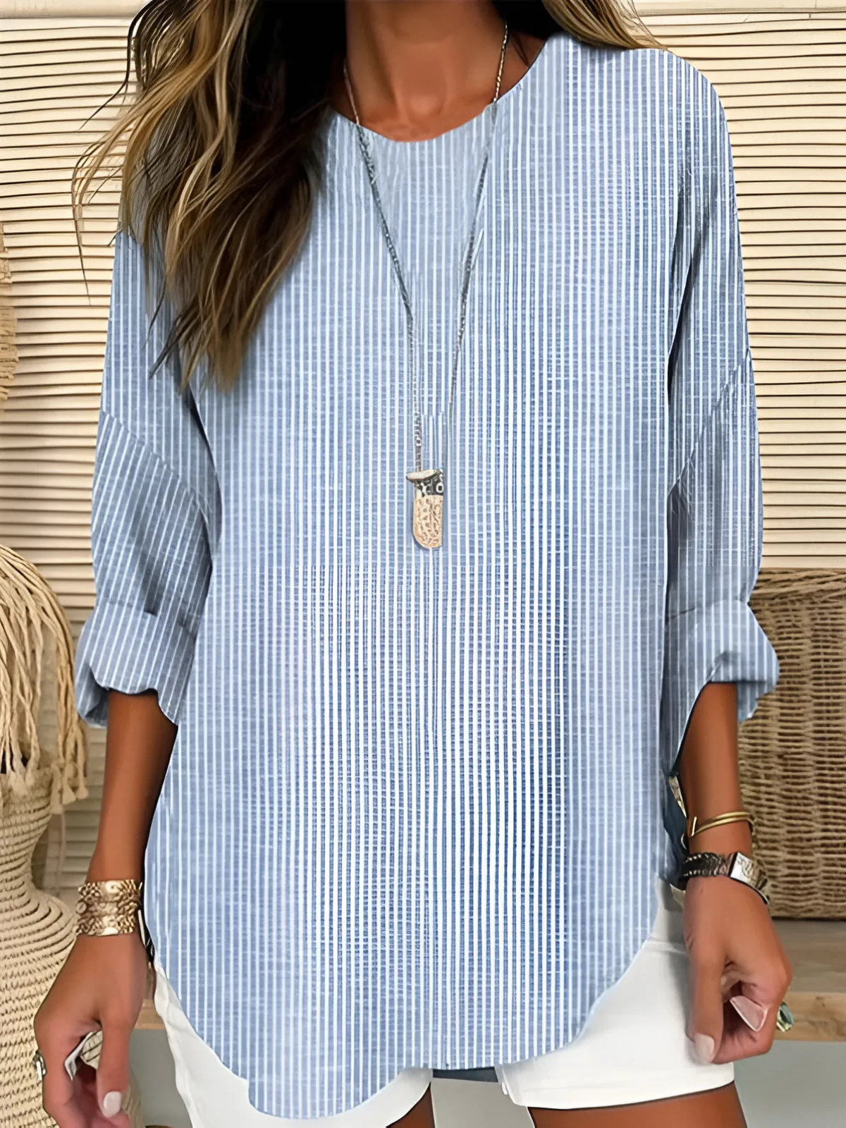 Ellen | Women’s Blouse | Vertical Stripe Round Neck