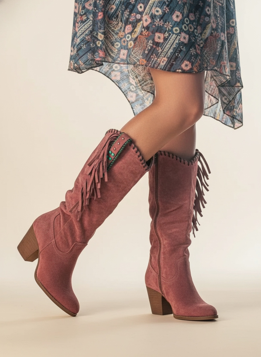 Ellen | Boots For Women | Mid Calf Block Heel With Fringe Detail