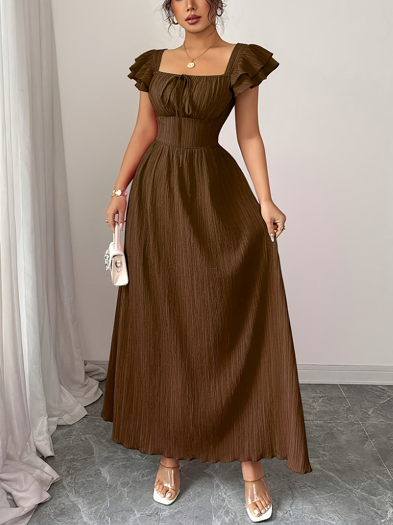 Ellen | Women's Brown Maxi Dress | A-Line Square Neck