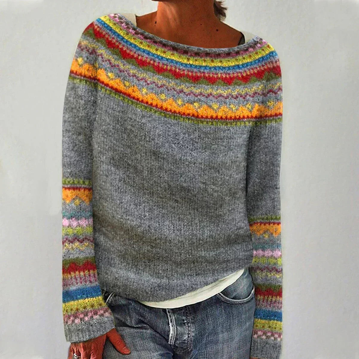 Ellen | Women's Jumper | Wide Neckline and Patterned
