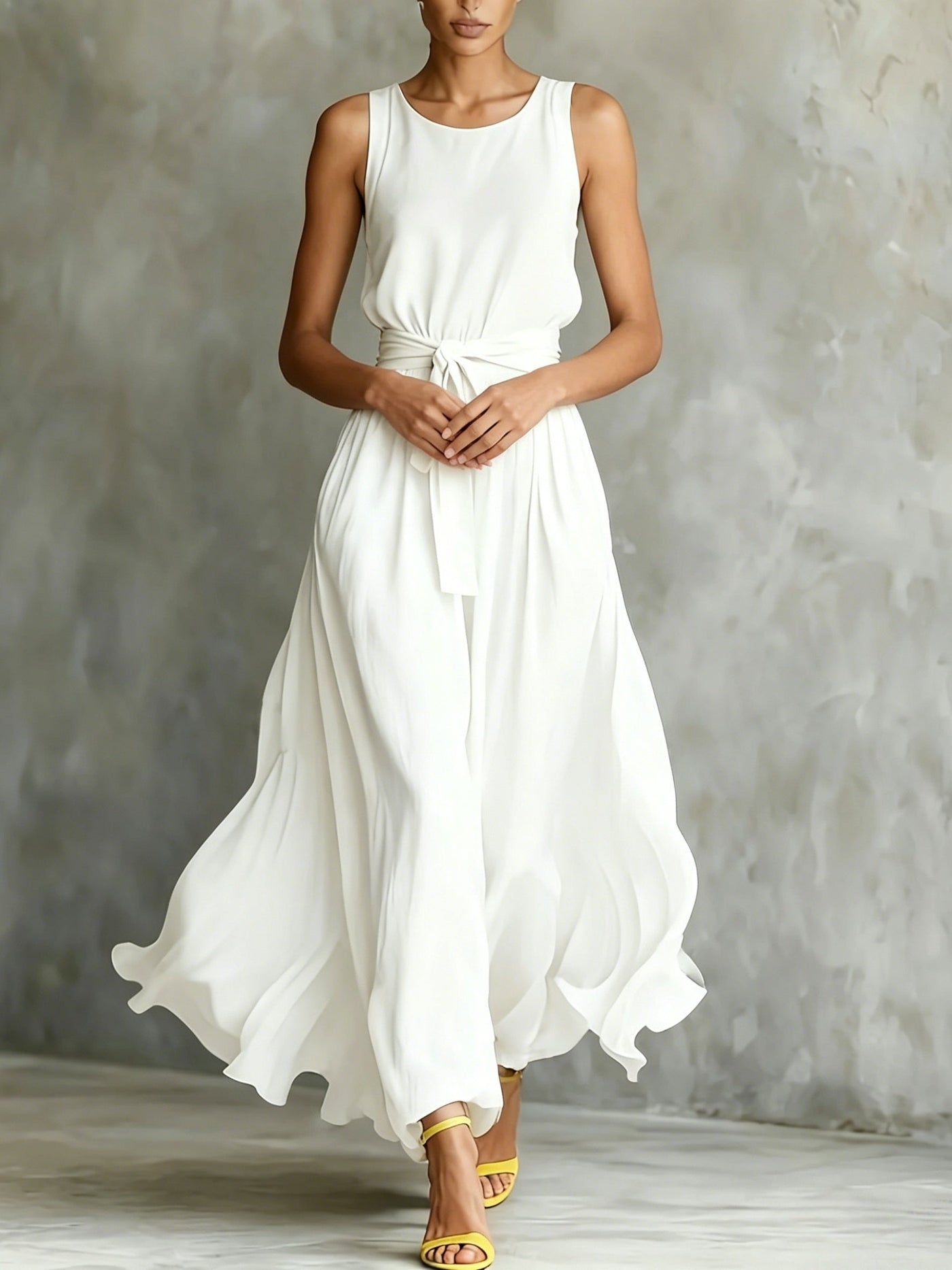 Ellen | Women's White Maxi Dress | Sleeveless Belted A-Line