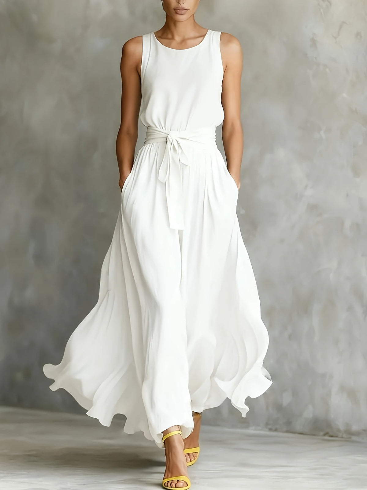 Women's White Maxi Dress | Sleeveless Belted A-Line