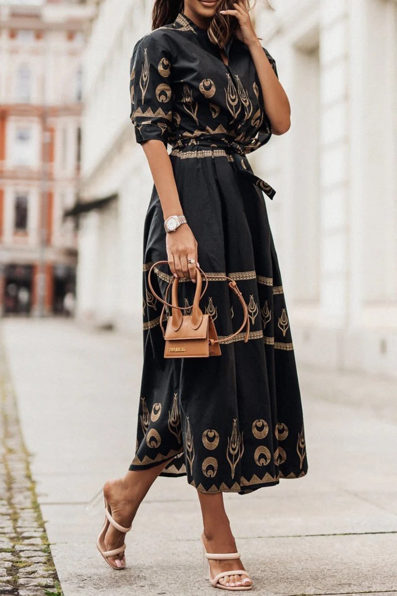 Women's Boho Midi Dress | Printed Belted
