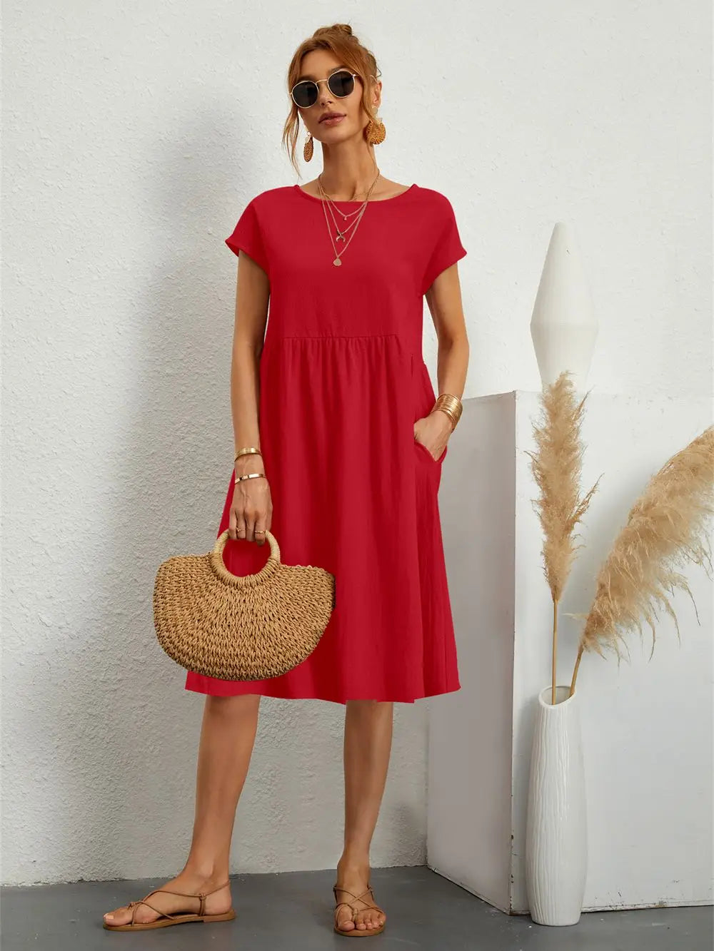 Ellen | Women's Casual Dress | Short Sleeve Midi with Side Pockets