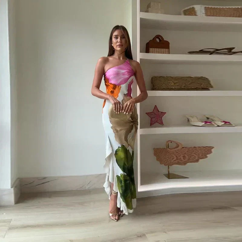 Ellen | Women's White Maxi Dress | One-Shoulder Floral