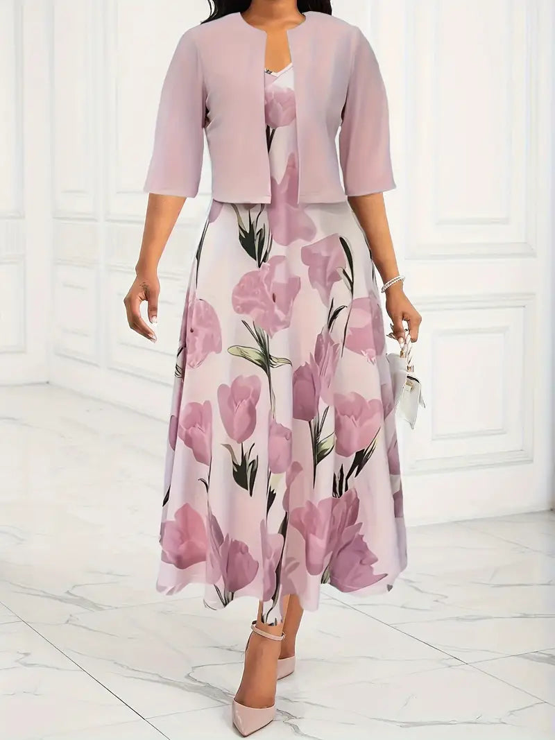 Ellen | Women's Maxi Dress with Jacket Set | Pink Floral