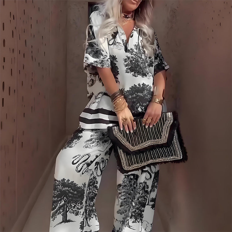 Women's Two-Piece Set  | V-Neck Top Wide Leg Trousers